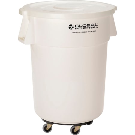Global Industrial Plastic Trash Can with Lid & Dolly, 55 Gallon White 240464WHB